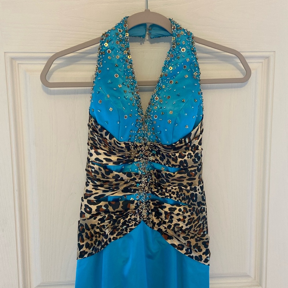 Night Moves animal print halter embellished floor length gown